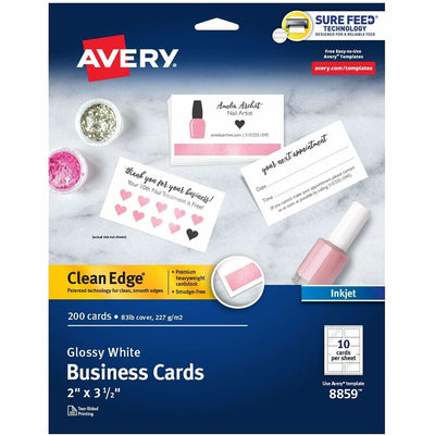 Avery Clean Edge Business Cards, 2" x 3.5", Glossy, 200 (08859), White, 8 1/2" x 11", 200 / Pack, AVE8859