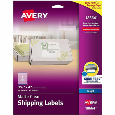 Avery Clear Shipping Labels, Sure Feed, 3-1/3" x 4", 60 Labels (18664), 60 / Pack, AVE18664