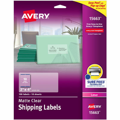 Avery Clear Shipping Labels, Sure Feed, 2" x 4", 100 Labels (15663), 1 Pack, AVE15663