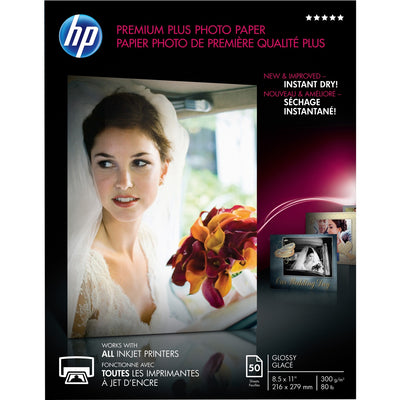 HP Premium Plus 11.5 mil Photo Paper, White, 8 1/2" x 11", 50 / Pack, HEWCR664A