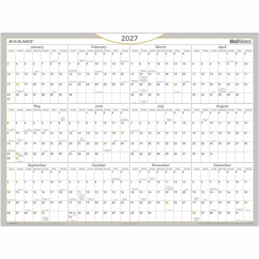 ACCO At-A-Glance WallMates Self-Adhesive Dry-Erase Calendar, White, 18", 3EA/BX 2BX/CT — view 1