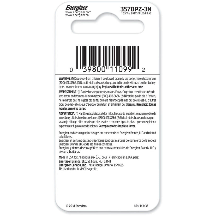 Energizer 357/303 Silver Oxide Button Batteries, Black, 3 / Pack, EVE357BPZ3