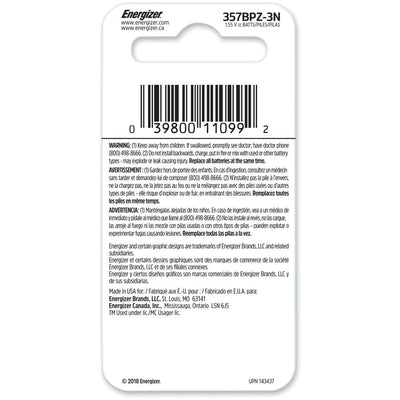 Energizer 357/303 Silver Oxide Button Batteries, Black, 3 / Pack, EVE357BPZ-3