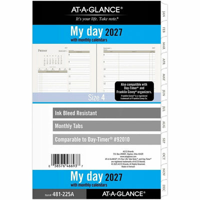 ACCO At-A-Glance Daily Monthly Planner Two Page Per Day Refill, Loose-Leaf, Desk Size, White, 5 1/2", AAG481225A