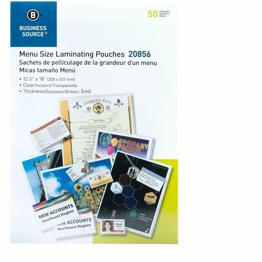 Business Source 5 mil Menu-size Laminating Pouches, Clear, 1 Box — view 1