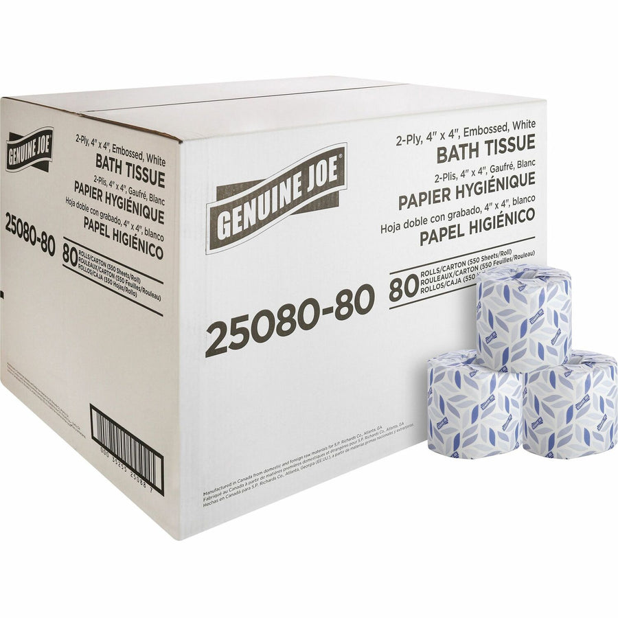 Genuine Joe Embossed Roll Bath Tissue, White, 18 lb, 1 5/8", Perforated, 80 / Carton, GJO2508080