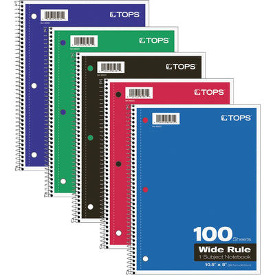 TOPS Wide Rule 1-subject Spiral Notebook, 10 1/2" x 8", TOP65031