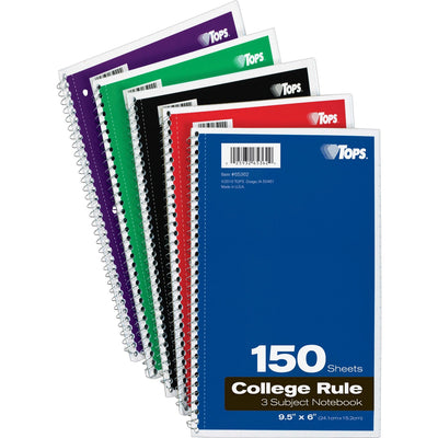 TOPS 3-subject College Ruled Notebook, 9 1/2" x 6", TOP65362