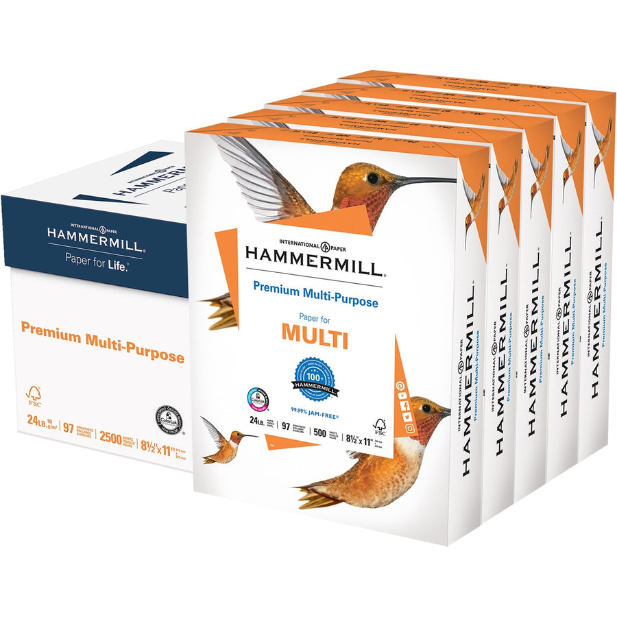 Hammermill Premium Multipurpose Paper- 5 Ream - White, 8.5" x 11", 24 lb, Quick Drying, 5 / Carton, HAM105810