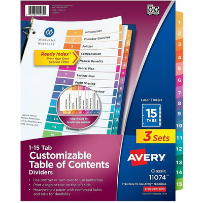 Avery Dividers, 15 Tabs, Ready Index, (3 Sets of ), White, 24 / Carton — view 1