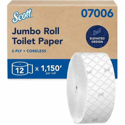 Kimberly-Clark Scott Coreless High-Capacity Jumbo Roll Toilet Paper with Elevated Design, White, 12 / Carton, KCC07006