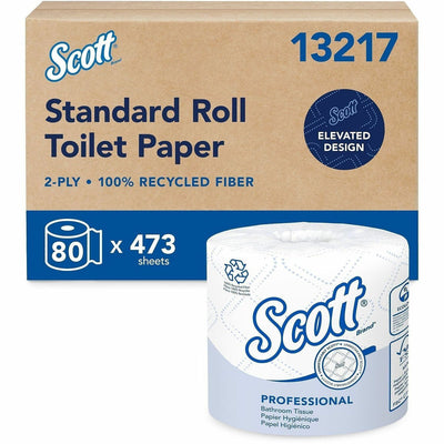 Kimberly-Clark Scott Professional 100% Recycled Fiber Standard Roll Toilet Paper with Elevated Design, White, 80 / Carton, KCC13217