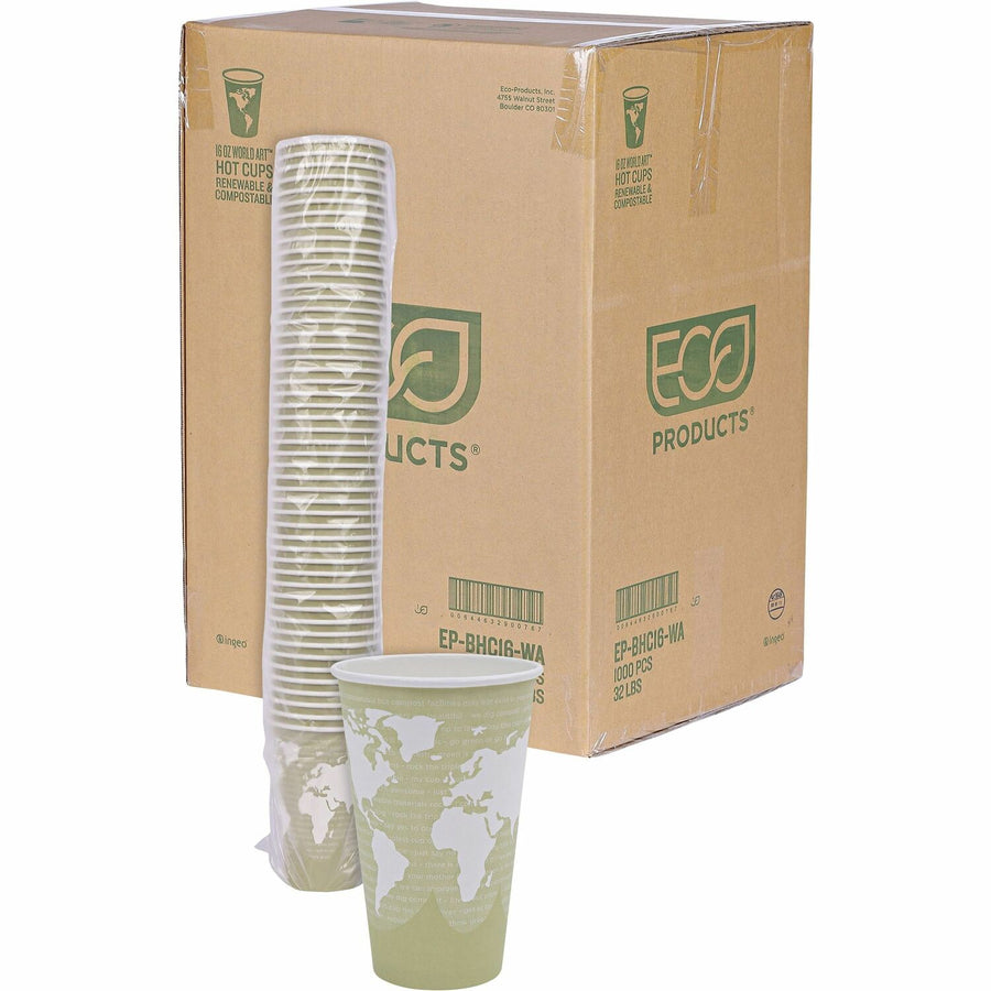 Eco-Products 16 oz World Art Hot Beverage Cups, Resin, 16 fl oz, Leak Proof, 20 / Carton, ECOEPBHC16WA