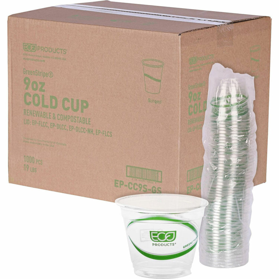 Eco-Products 9 oz GreenStripe Cold Cups, Clear, Polylactic Acid (PLA), 9 fl oz, Eco-friendly, 20 / Carton, ECOEPCC9SGS