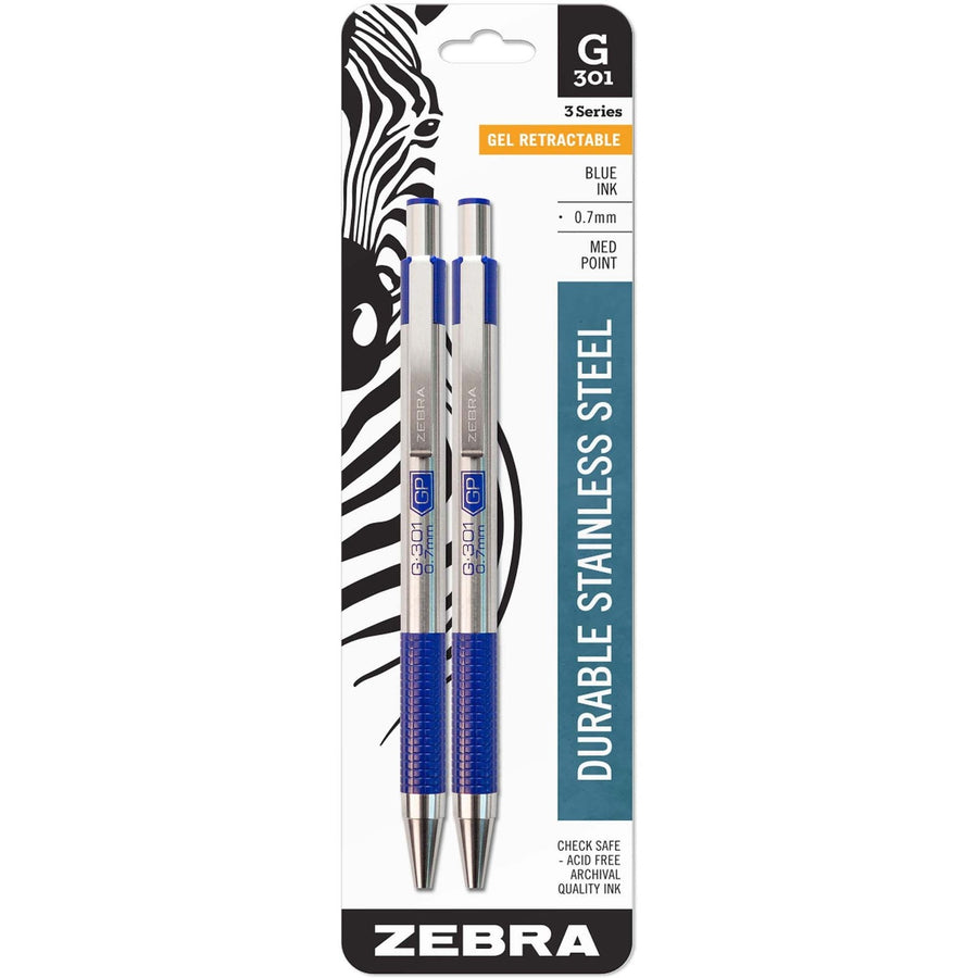 Zebra STEEL 3 Series G-301 Retractable Gel Pen, Blue, Pocket Clip, 2 / Pack, ZEB41322
