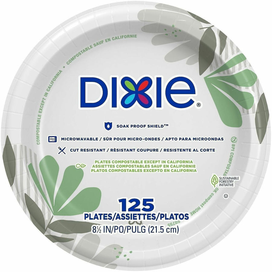Dixie Pathways 8-1/2" Mediumweight Paper Plates by GP Pro, 9.4" x 9.3", White, Cut Resistant, 125 / Pack, DXEUX9WS