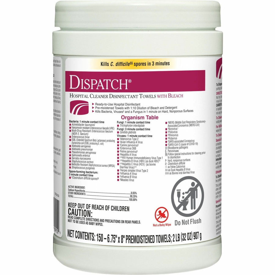 Dispatch Hospital Cleaner Disinfectant Towels with Bleach, 5.11" x 8", White, CLO69150