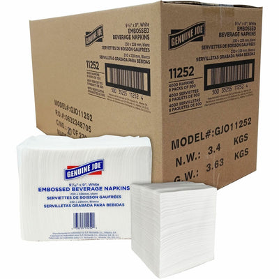 Genuine Joe Quad-fold Square Beverage Napkins, White, 8 / Carton, GJO11252