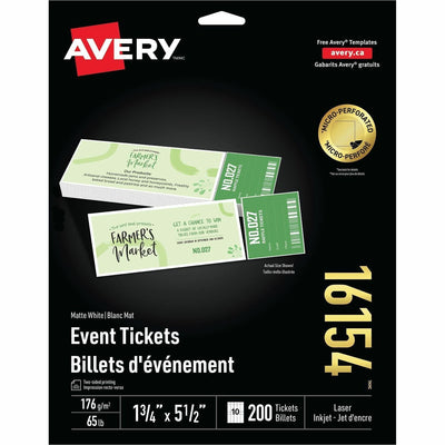 Avery Event Tickets with Tear-Away Stubs for Laser and Inkjet Printers, 1�" x 5�", Matte White, 200 / Pack — view 1