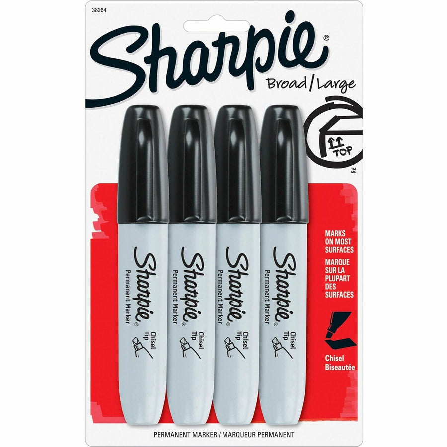 Sharpie Chisel Tip Permanent Marker, Black, Smear Proof Ink, 4 / Pack, SAN38264PP