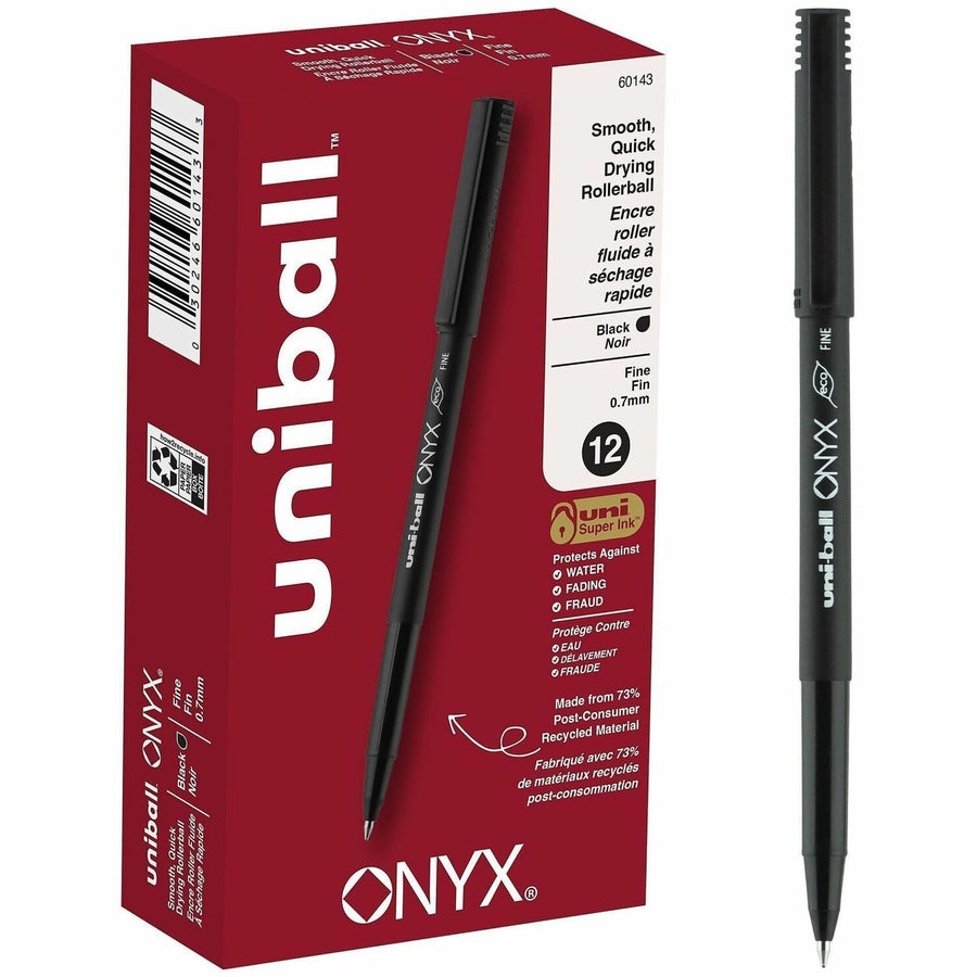 uniball™ Onyx Rollerball Pens, 2.80" x 5.70", Black, Tungsten Carbide, Pocket Clip, 1 Dozen, UBC60143