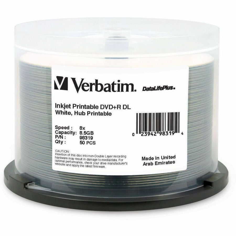 Verbatim 8.5GB 8X DVD+R DL Spindle, DataLifePlus, White, Hub Printable, 50 / Pack, VER98319