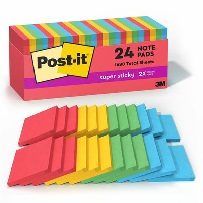 3M Post-it Super Sticky Notes Cabinet Pack - Playful Primaries Color Collection, Blue Paradise, 24 / Pack, MMM65424SSANCP