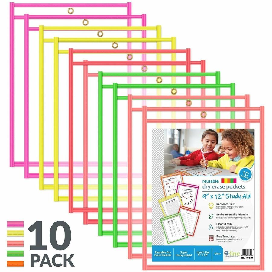 C-Line Reusable Dry Erase Pockets, Assorted, 9 x 12, 10/PK, 12" x 9", Eyelet, 10 / Pack, CLI40810
