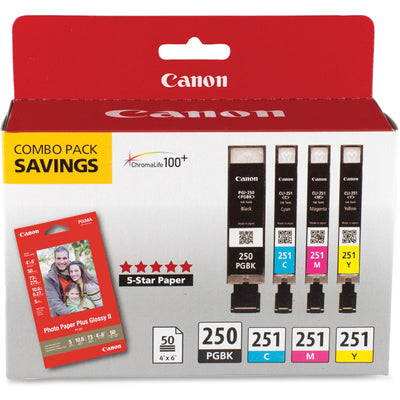 Canon PGI-250/CLI-251 Original Inkjet Ink Cartridge/Paper Kit - Combo Pack - Pigment Black, Cyan, Magenta, Yellow - 4 / Pack, CNM250BK/CLI251