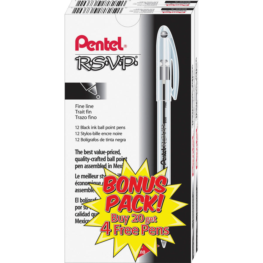 Pentel R.S.V.P. Ballpoint Stick Pens, Black, Rubber, Skip-free, 24 / Pack, PENBK90ASW2