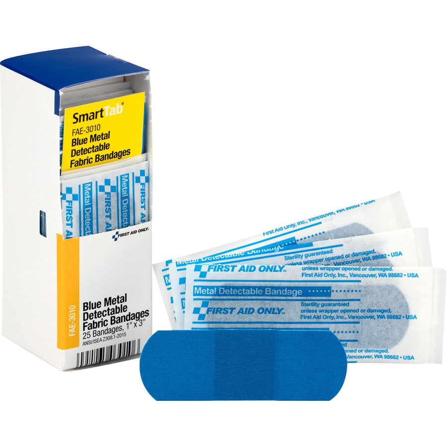 First Aid Only Visible Metal Detectable Bandages, Blue, Latex-Free, FAOFAE3010