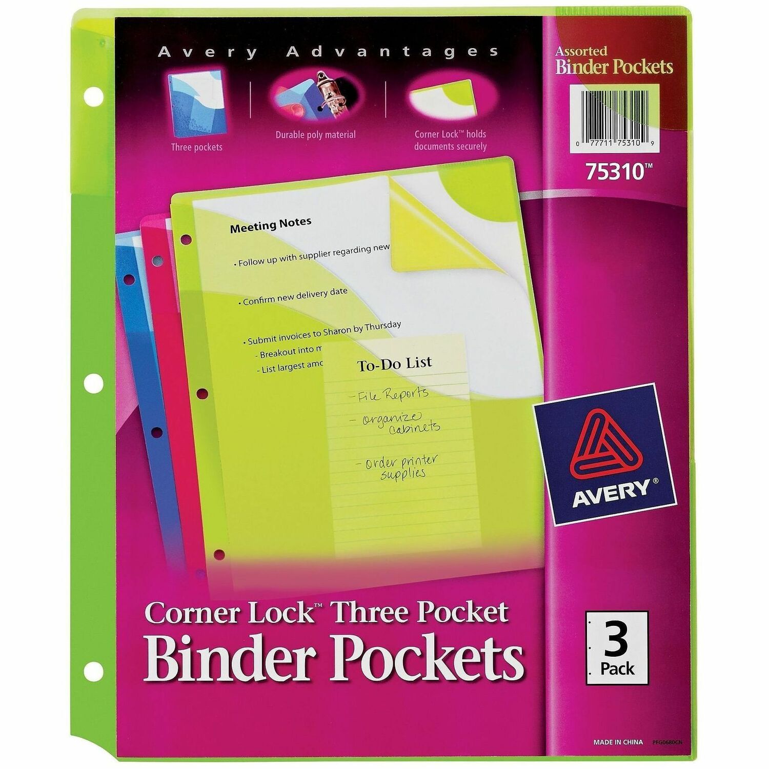 Avery® Corner Lock Binder Pockets, Assorted, 3ct (75310), 1 Pack