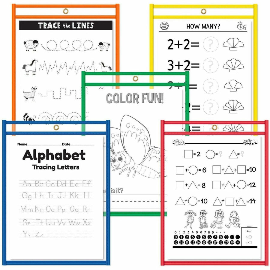 C-Line Reusable Dry Erase Pockets, Assorted Primary Colors, 9 x 12, 5/PK, 12" x 9", Eyelet, 10 / Set, CLI40630