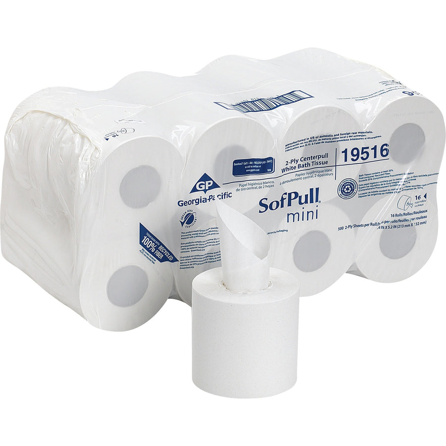 SofPull Centerpull Mini Toilet Paper, White, Fiber, Soft, 16 / Carton, GPC19516