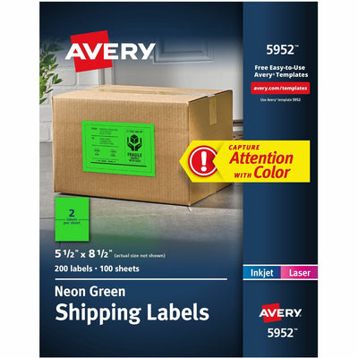 Avery Neon Shipping Labels, 5-1/2" x 8-1/2", 200 Labels (5952), Neon Green, 5 Pack, AVE5952