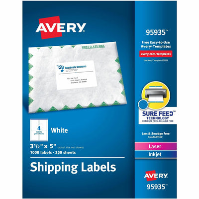 Avery Shipping Labels, Sure Feed, 3-1/2" x 5", 1,000 Labels (95935), Matte, 250 / Box, AVE95935