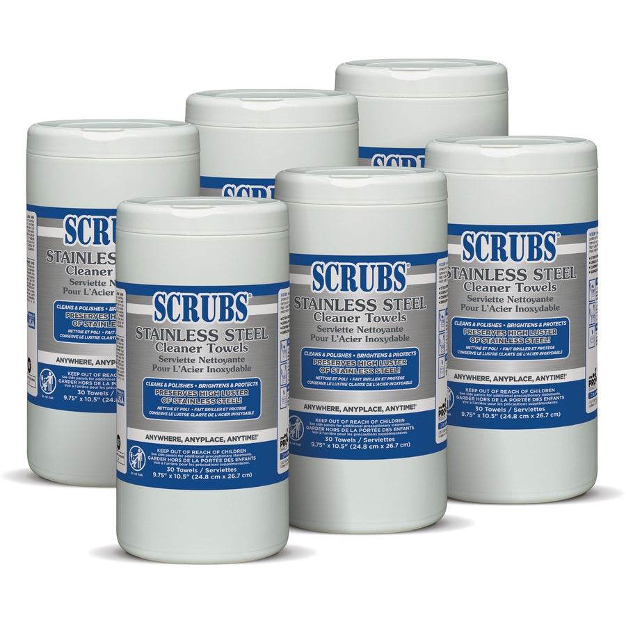 SCRUBS Stainless Steel Cleaner Wipes, Yellow, Corrosion Resistant, 6 / Carton, ITW91930CT