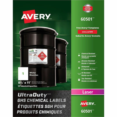 Avery UltraDuty™ GHS Chemical Labels 8�" x 11", for Laser Printers, White, 50 / Box, AVE60501