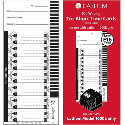 Lathem E16 Tru-Align Time Cards, 4" Width x 9" Length, 150 lb, 100 / Pack, LTHE16100