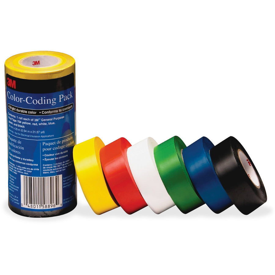 3M Vinyl Tape 764 Color-coding Pack, Rubber, 0.94", 21.87 yd, Residue-free, 1 / Pack, MMM7641226PK
