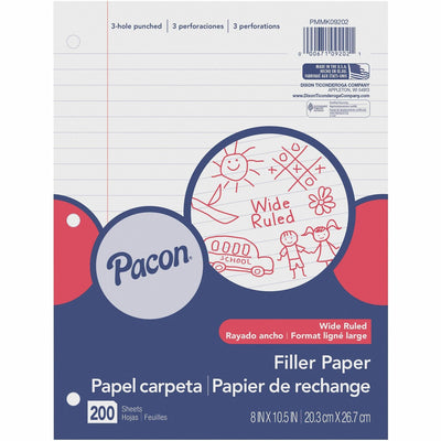 Dixon Ticonderoga Pacon Wide Ruled Filler Paper, 8" x 10 1/2", 1 Pack, PACMMK09202
