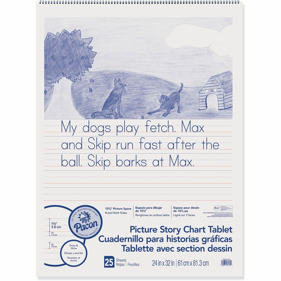 Pacon Ruled Picture Story Chart Tablet, 24" x 32", Spiral Bound, 25, Punched, PACMMK07430