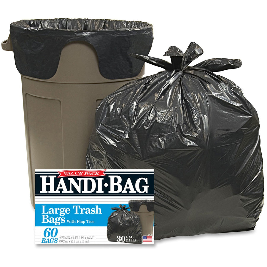Berry Handi-Bag Wastebasket Bags, Medium, Black, Hexene Resin, 30 gal, Flat Bottom, 6 / Carton, WBIHAB6FT60CT
