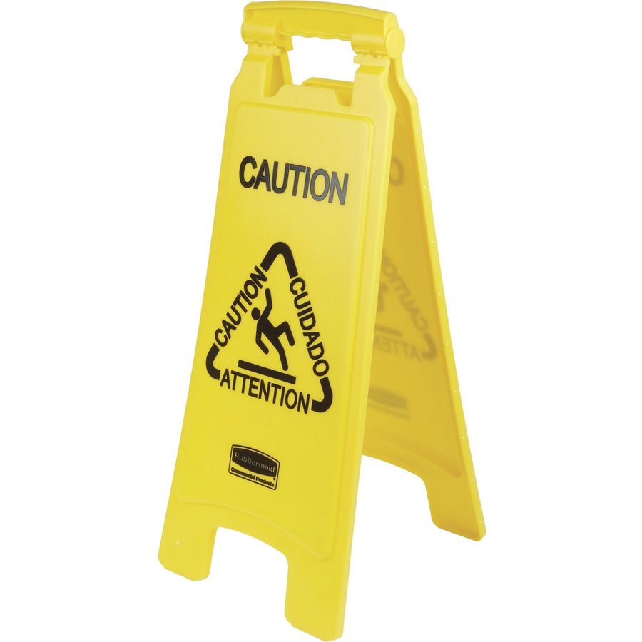 Rubbermaid Commercial Multi-Lingual Caution Floor Sign, 11" x 25", Yellow, Plastic, 6 / Carton, RCP611200YWCT