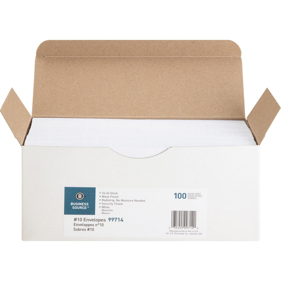 Business Source No. 10 Peel-to-seal Security Envelopes, White, Wove, 24 lb, 100 / Box, BSN99714