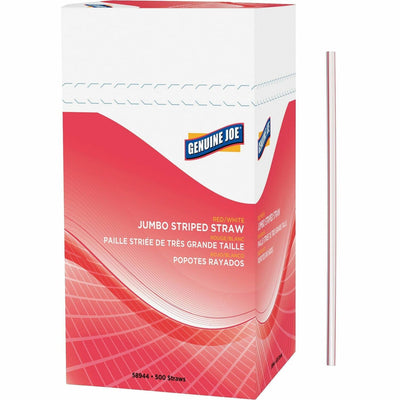 Genuine Joe Jumbo Striped Straws, White, 500 / Box, GJO58944