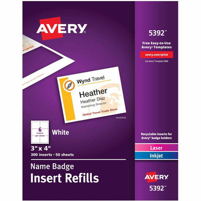 Avery Laser/Inkjet Badge Insert Refills, White, 300 / Box, AVE5392