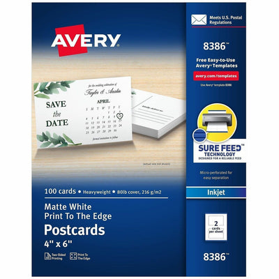 Avery Sure Feed Postcards, White, 4" x 6", 1 Box, AVE8386