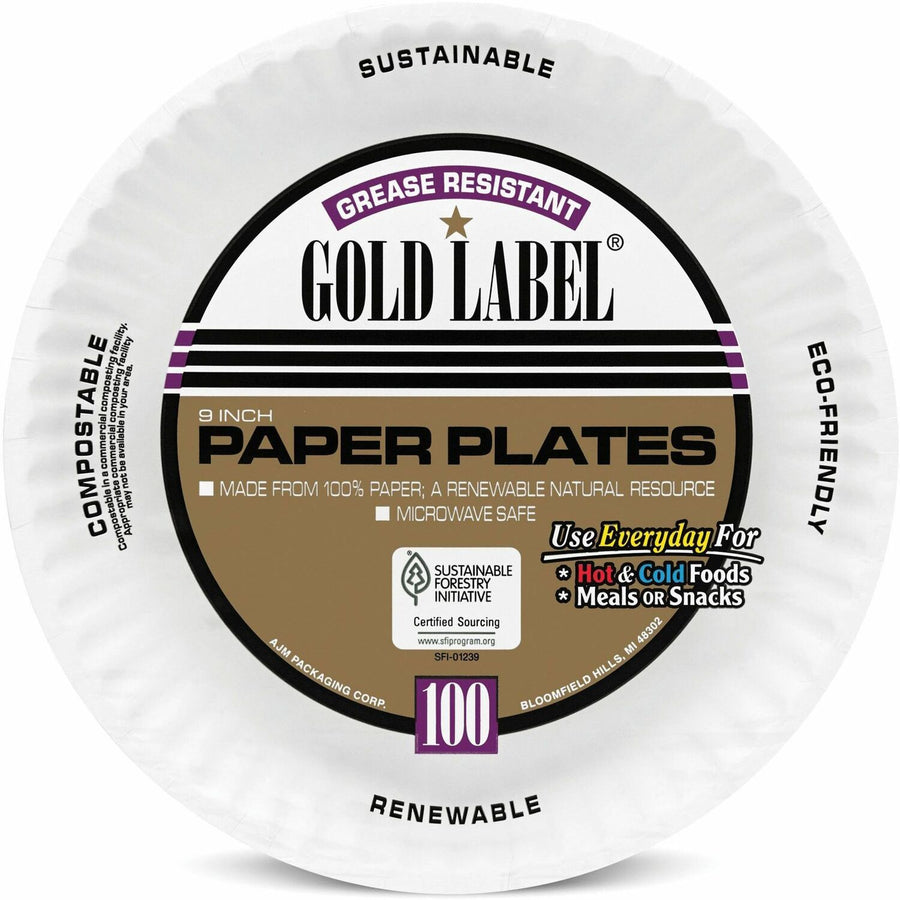 AJM Packaging Gold Label 9" Dinnerware Paper Plates, White, 100 / Pack — view 1