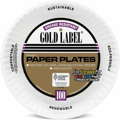 AJM Packaging Gold Label 9" Dinnerware Paper Plates, White, 100 / Pack, AJMCP9GOEWH